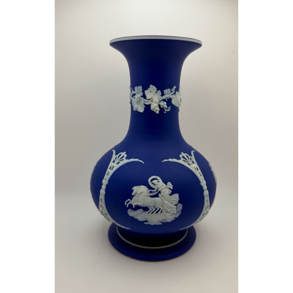 Vintage Wedgwood Cobalt Blue Jasperware Baluster Vase 4 Classical Scenes 8"